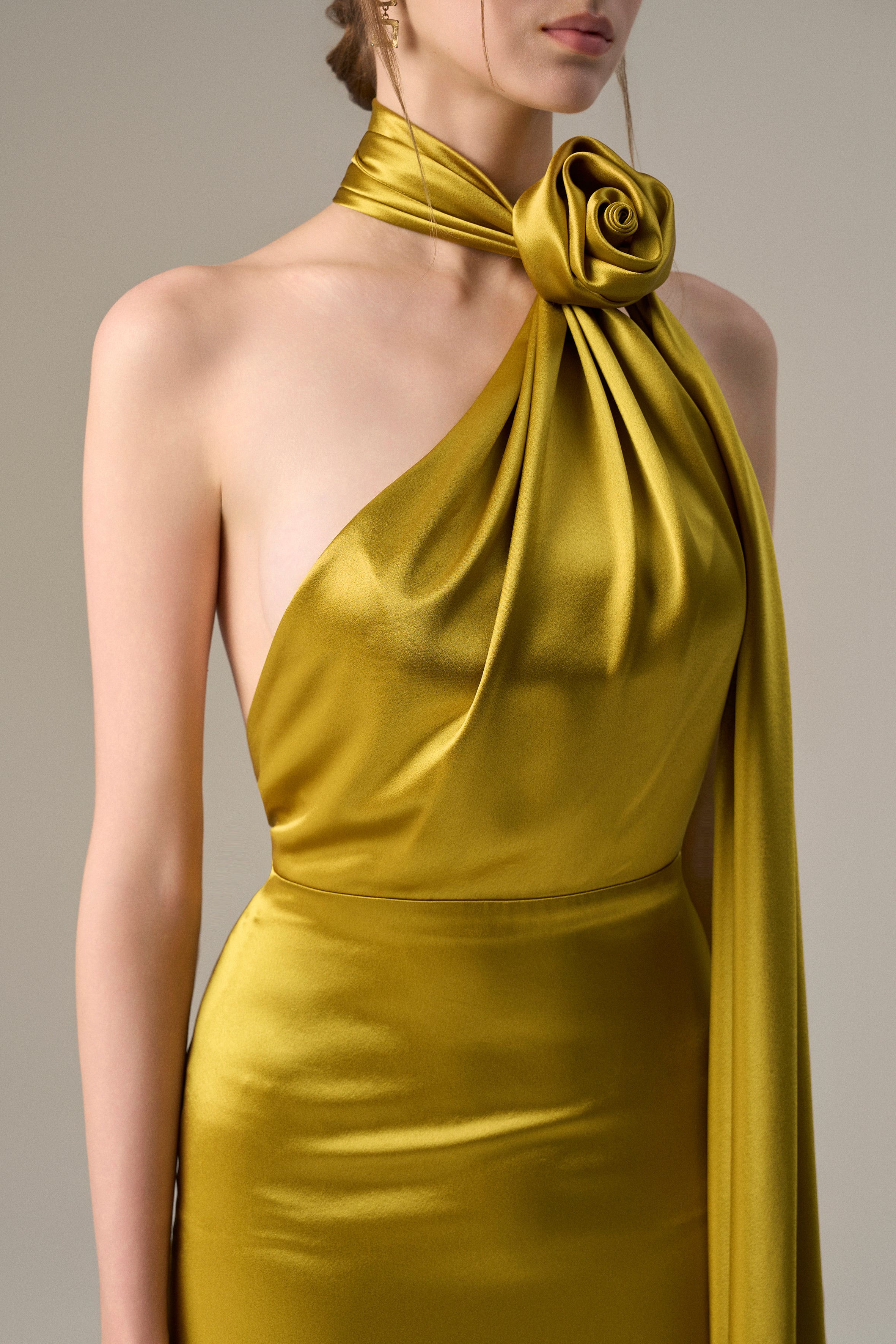 Yellow Satin Silk Halter Dress With Cross Detail And Pleated Drape