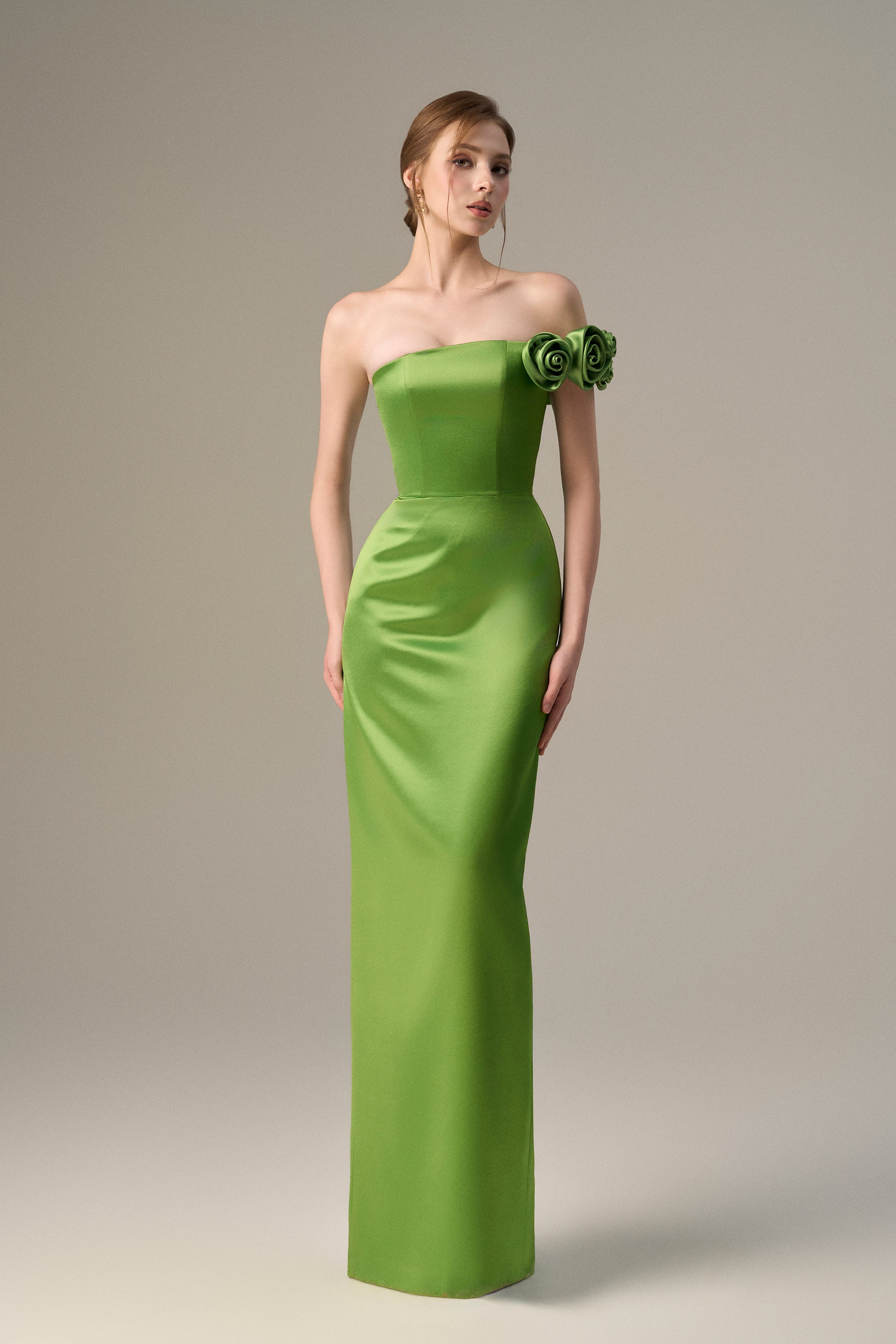 Bustier Gown Adorned With Satin Floral Appliqué