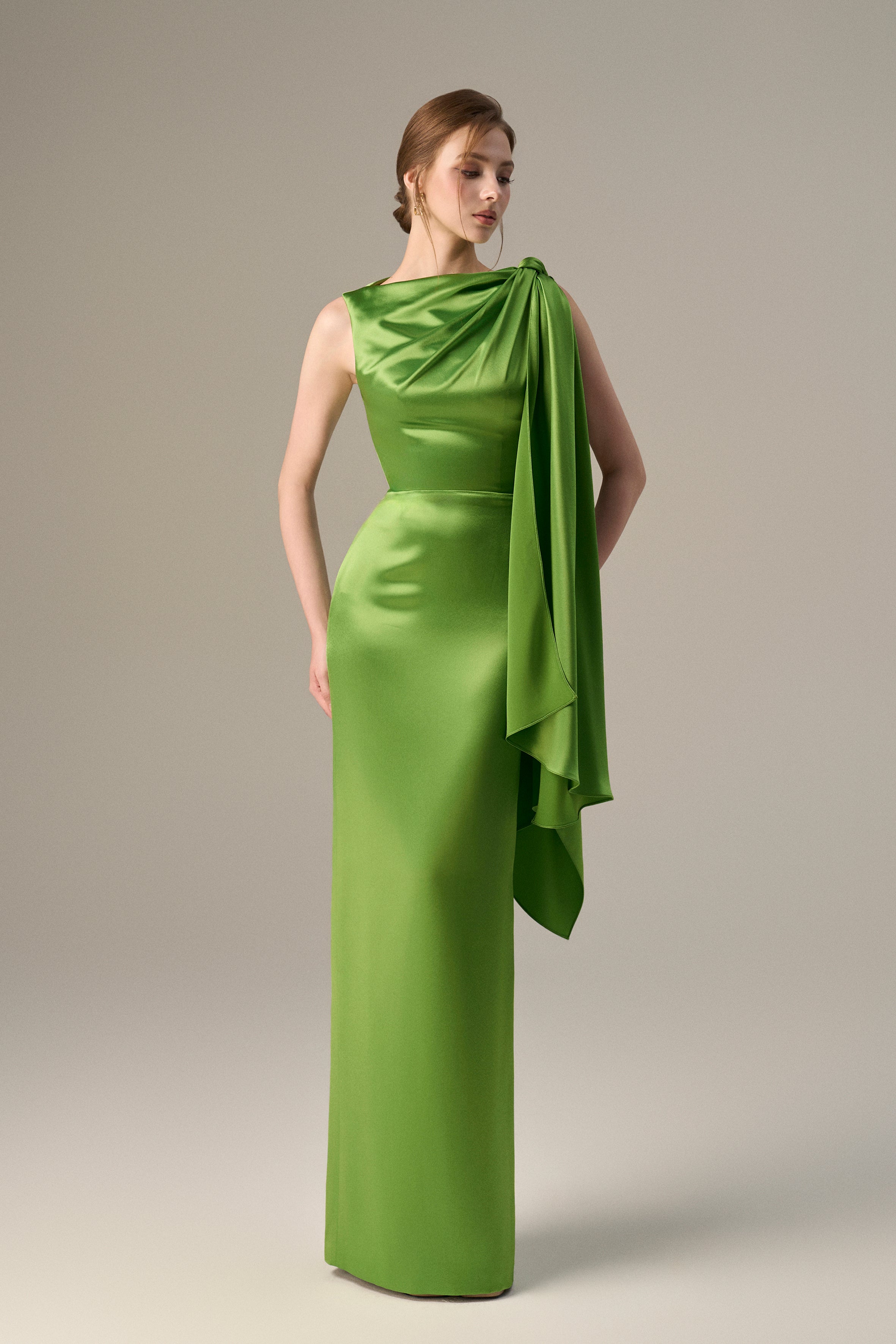 Asymmetric Pleated Gown With Tie Detail In Satin Silk