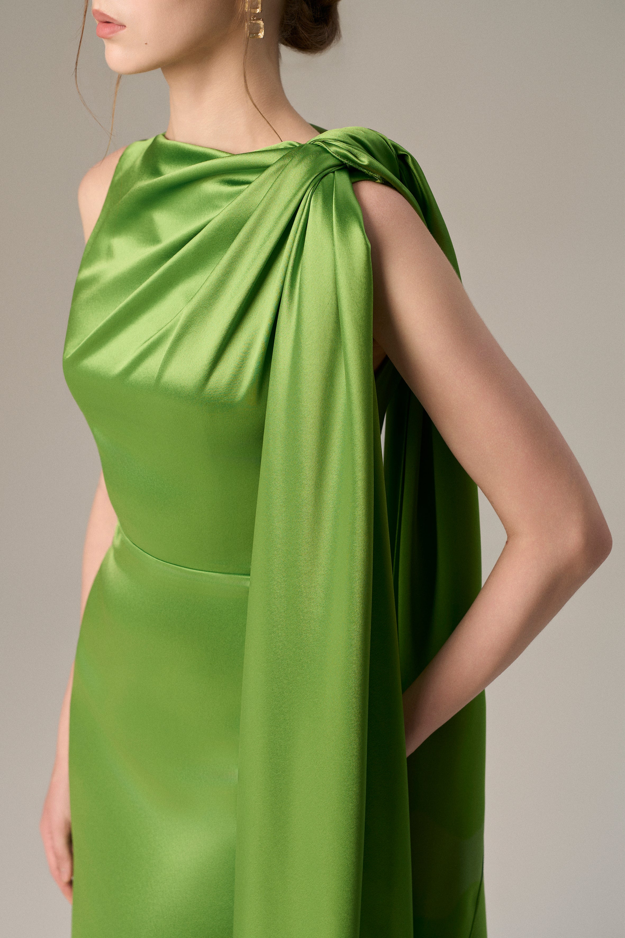Asymmetric Pleated Gown With Tie Detail In Satin Silk