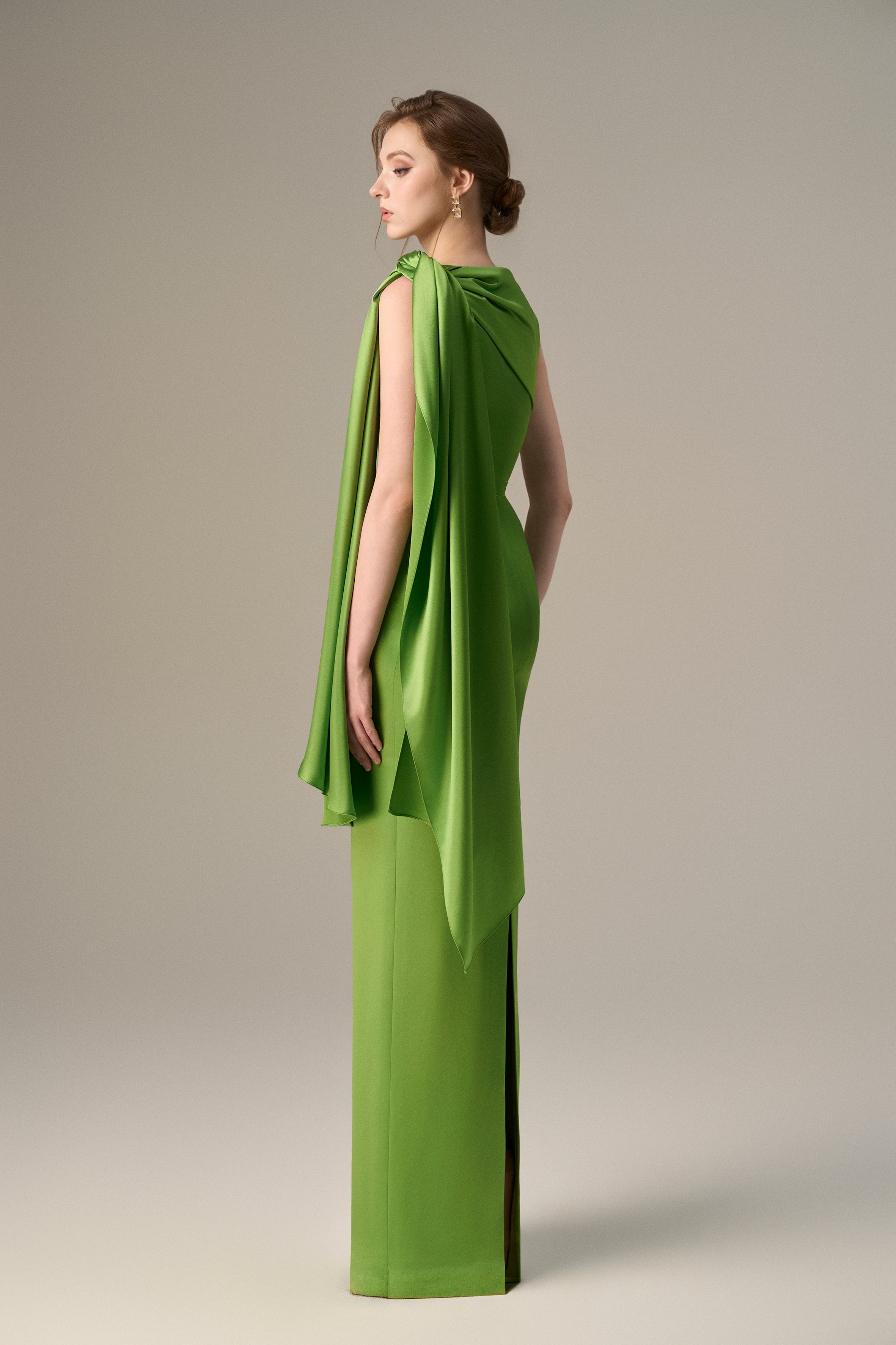 Asymmetric Pleated Gown With Tie Detail In Satin Silk