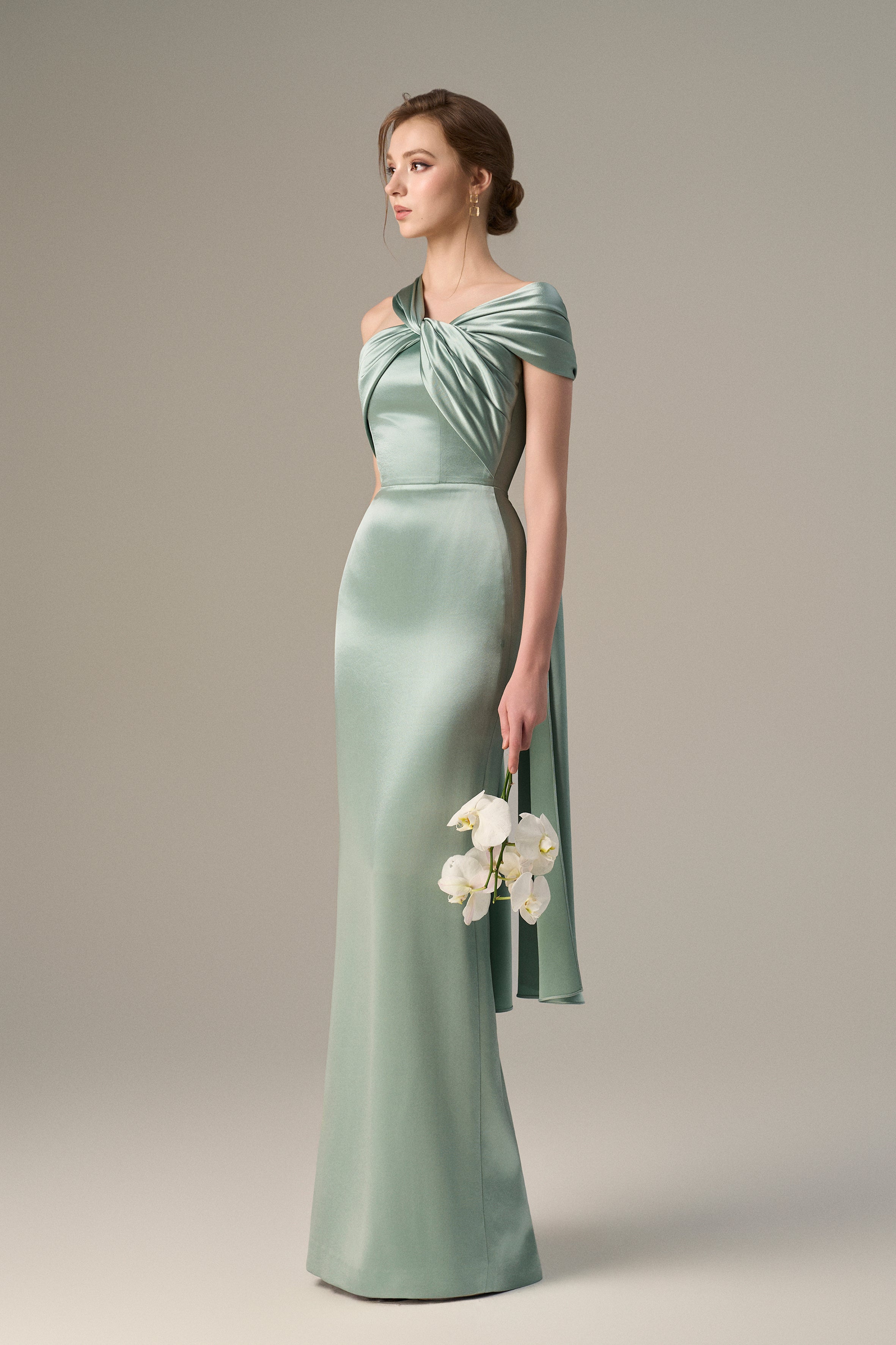 Blue Satin Silk Dress With Twisted Cross And Pleated Drape