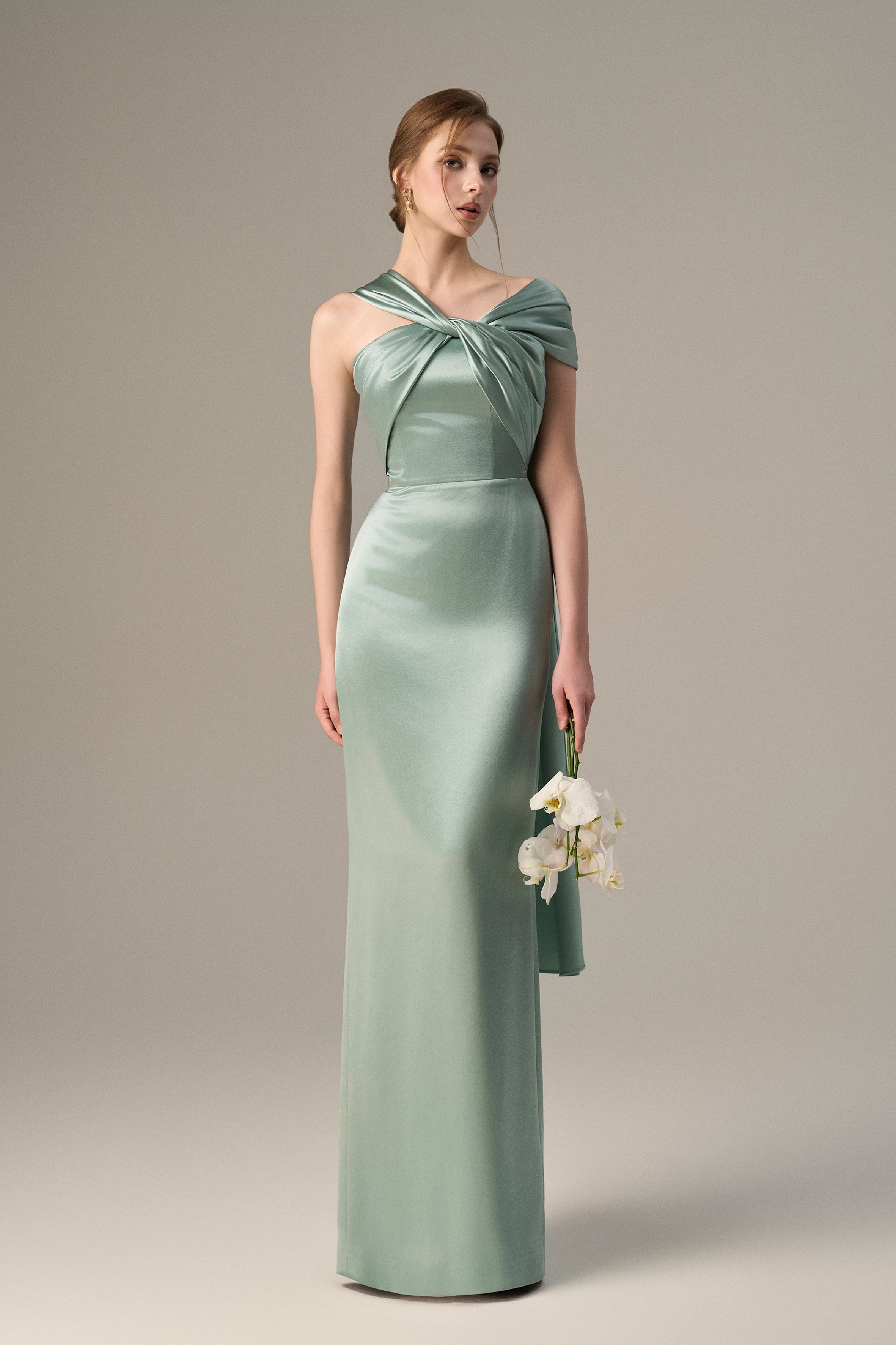 Blue Satin Silk Dress With Twisted Cross And Pleated Drape