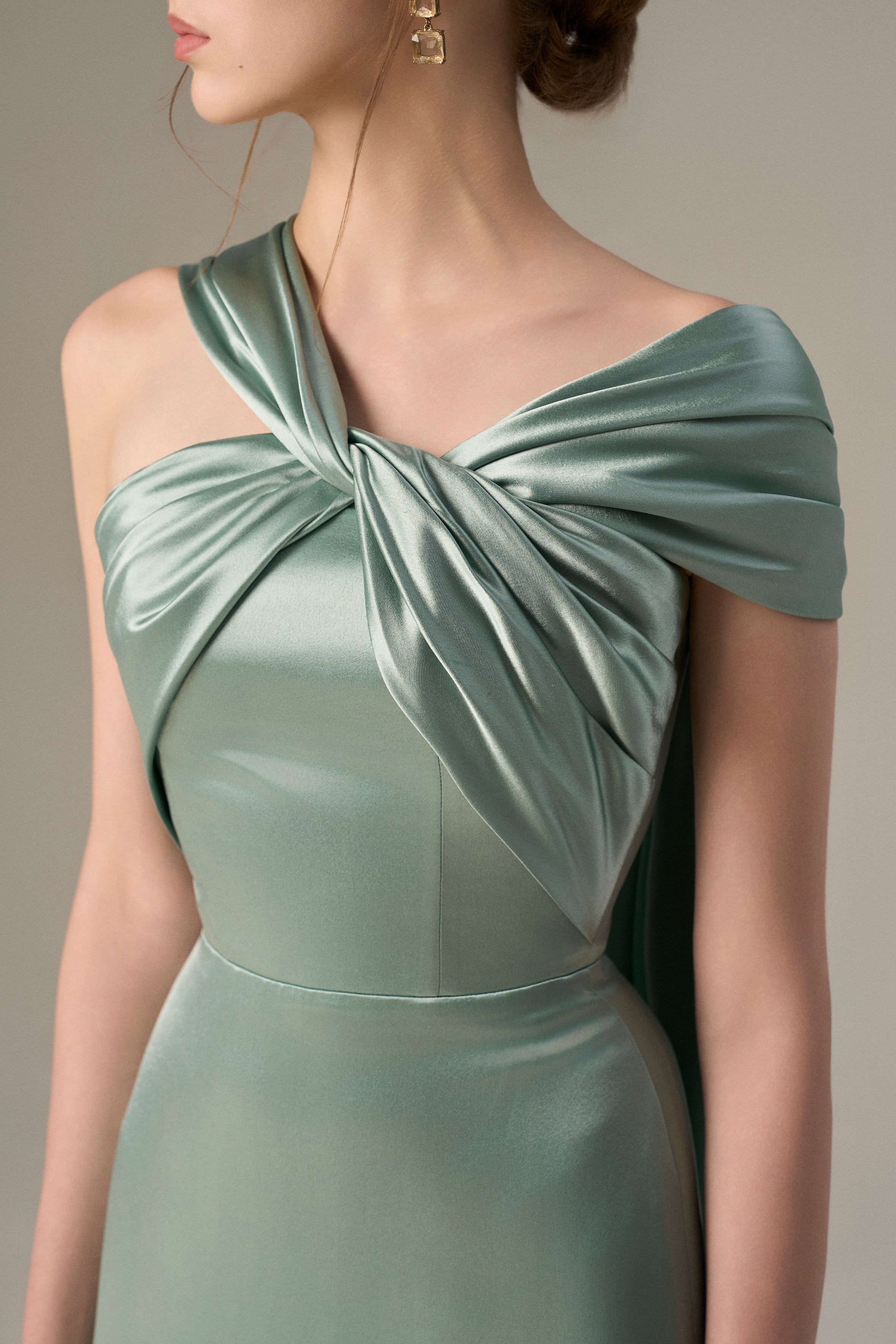 Blue Satin Silk Dress With Twisted Cross And Pleated Drape
