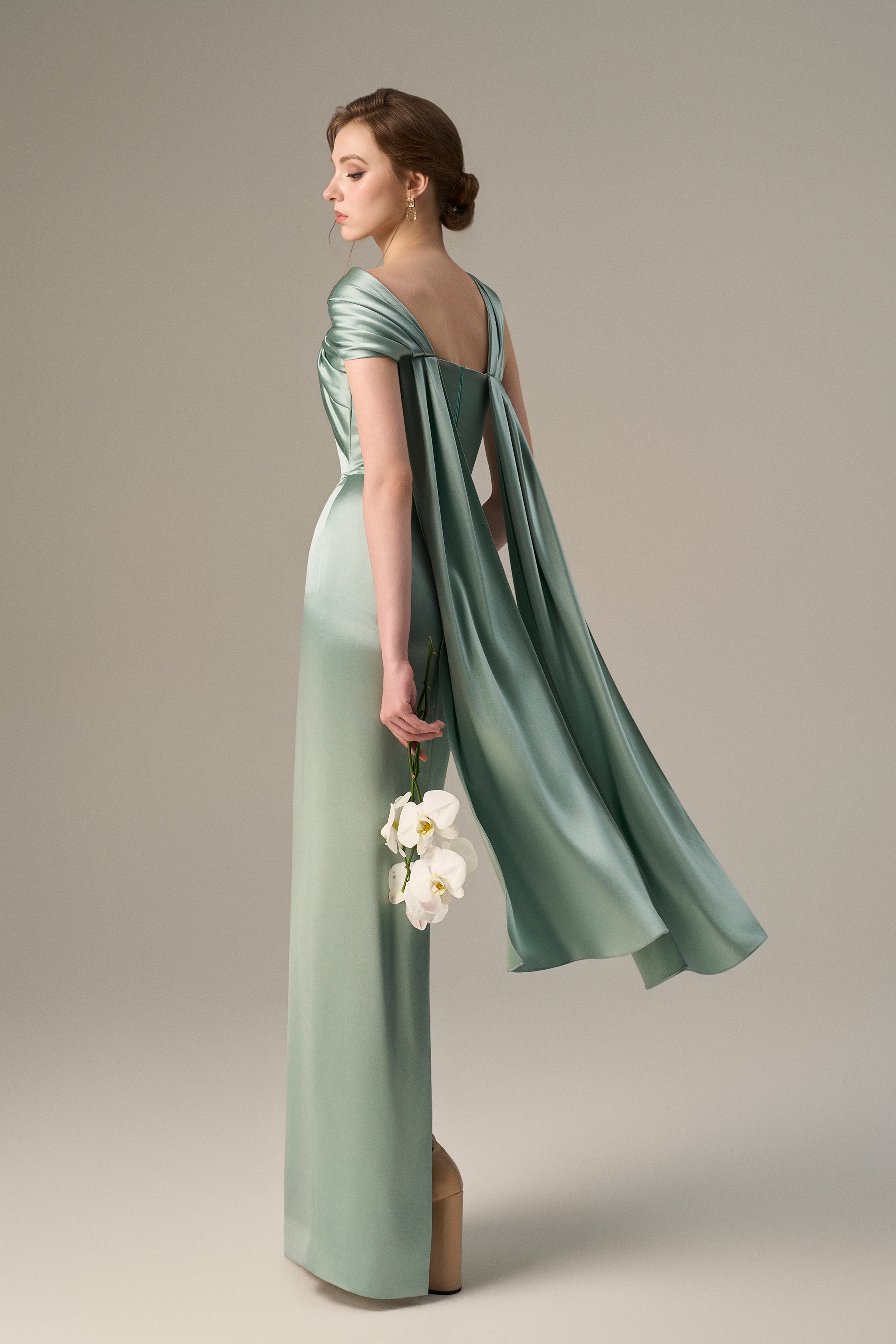 Blue Satin Silk Dress With Twisted Cross And Pleated Drape