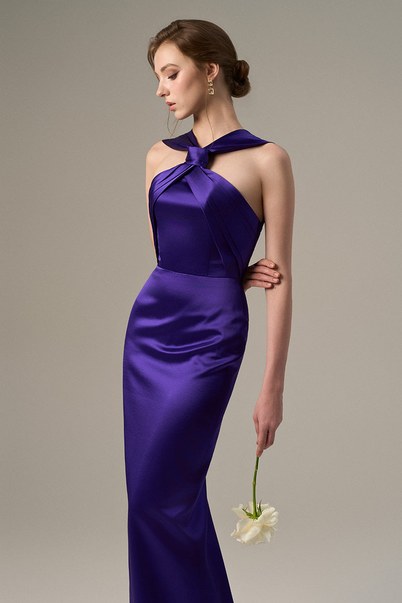 Purple Satin Silk Dress With A Ruched Neckline And Tie