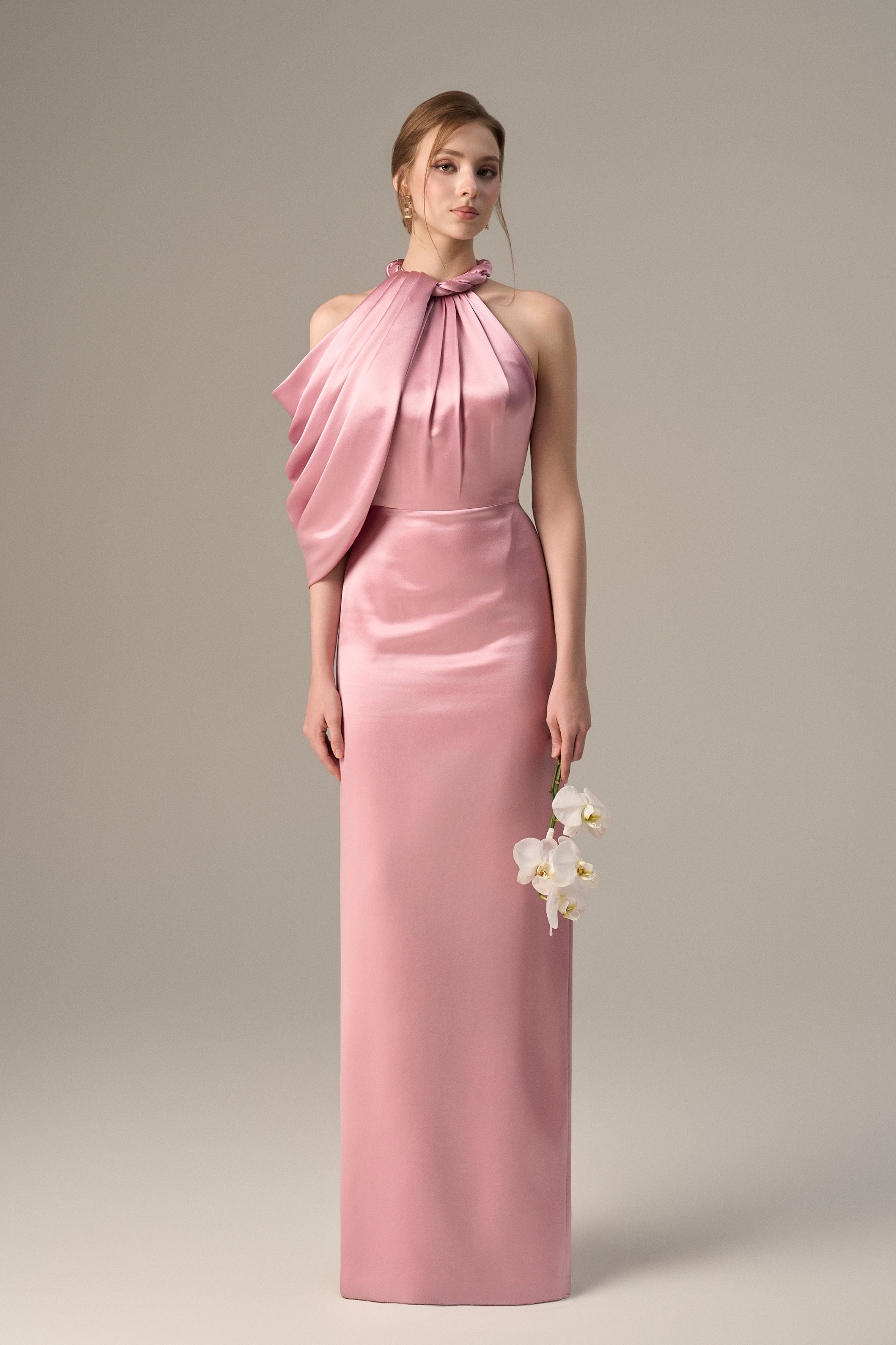 Asymmetric Pleated Halter Dress With Satin Draping