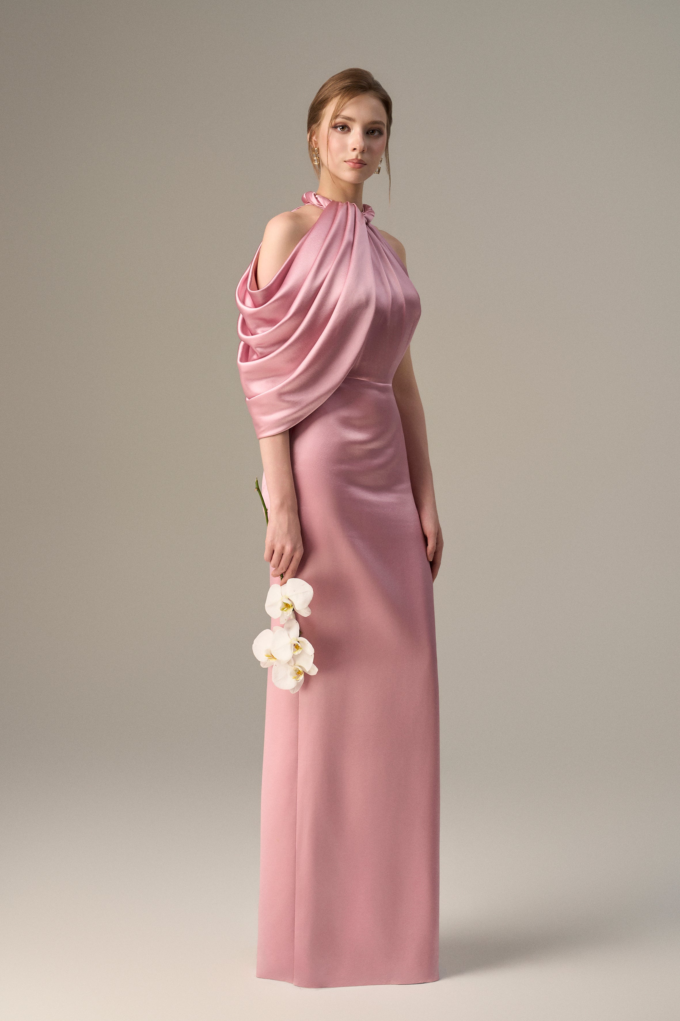 Asymmetric Pleated Halter Dress With Satin Draping