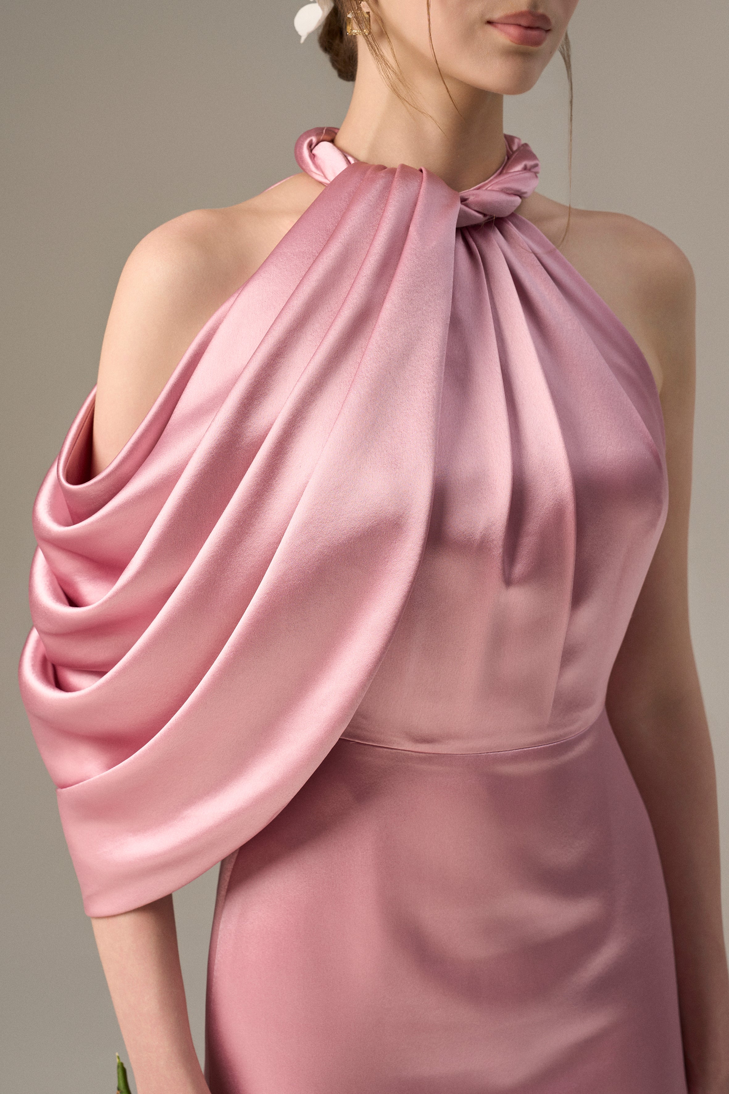 Asymmetric Pleated Halter Dress With Satin Draping