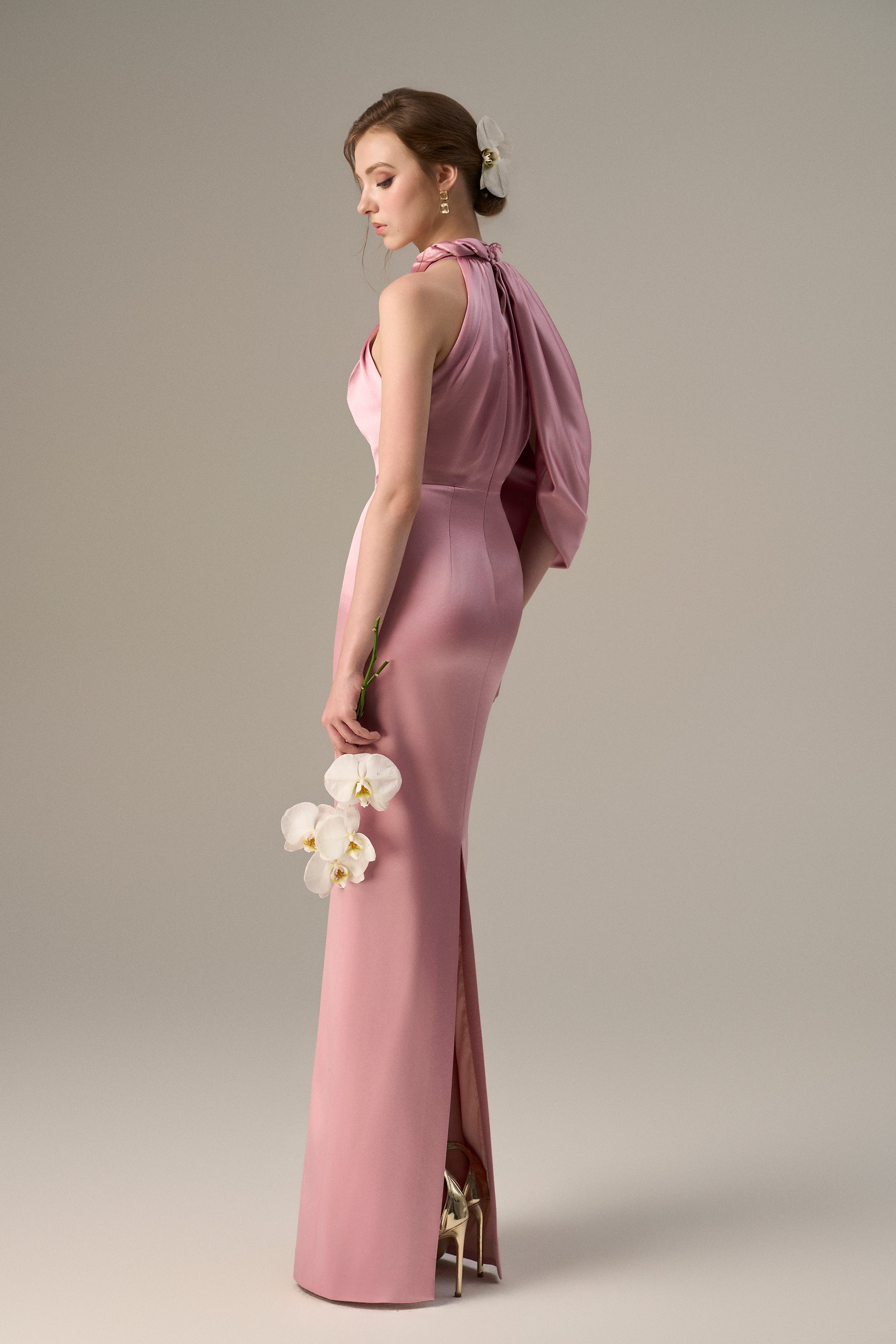 Asymmetric Pleated Halter Dress With Satin Draping