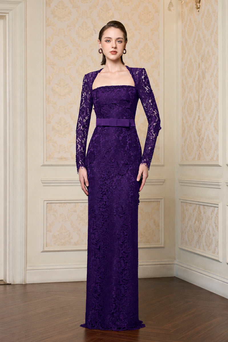 Trapeze Neck Column Gown With Long Sleeves In Purple French Lace