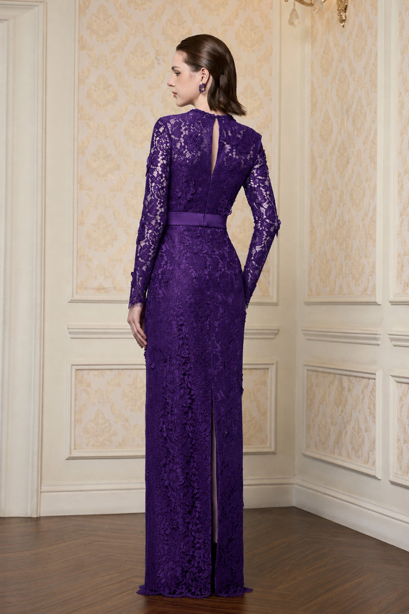 Trapeze Neck Column Gown With Long Sleeves In Purple French Lace