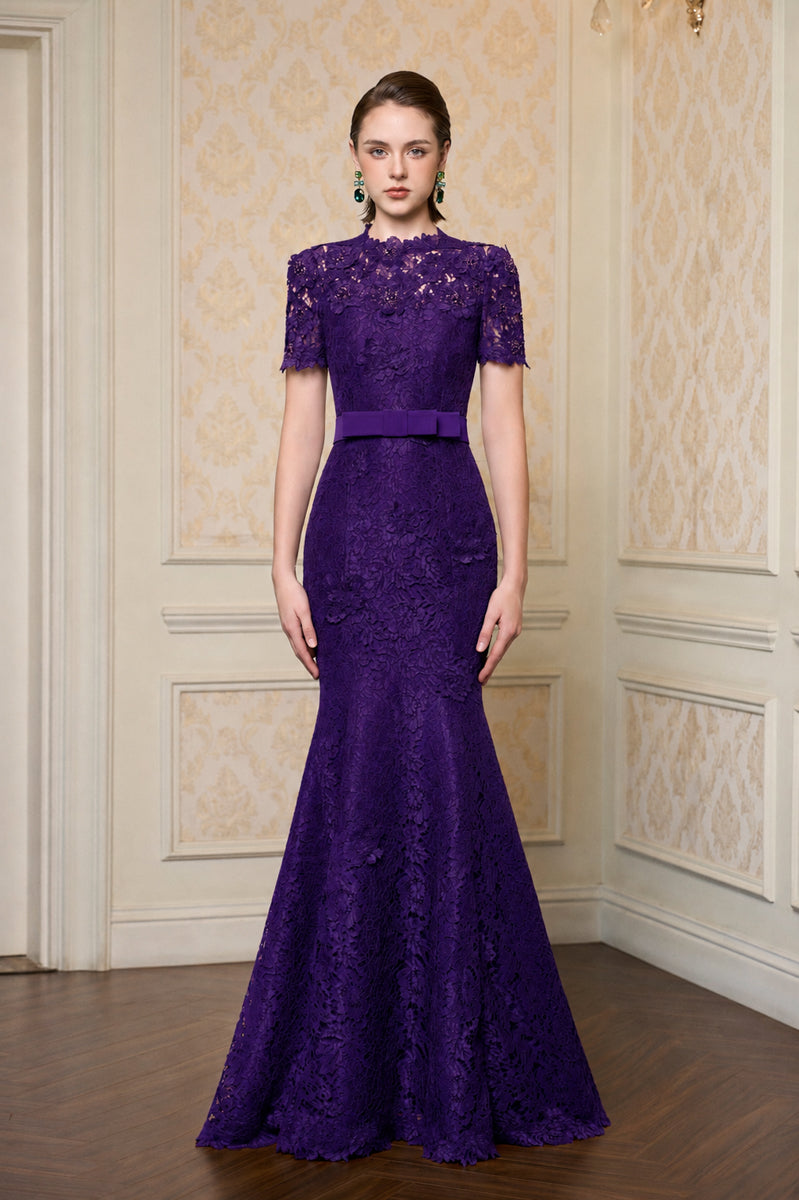 Round Neck Mermaid Gown With Short Sleeves In Purple French Lace