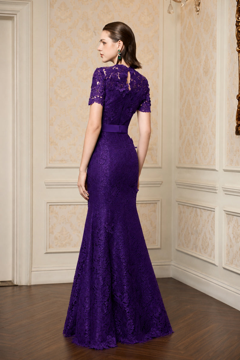 Round Neck Mermaid Gown With Short Sleeves In Purple French Lace
