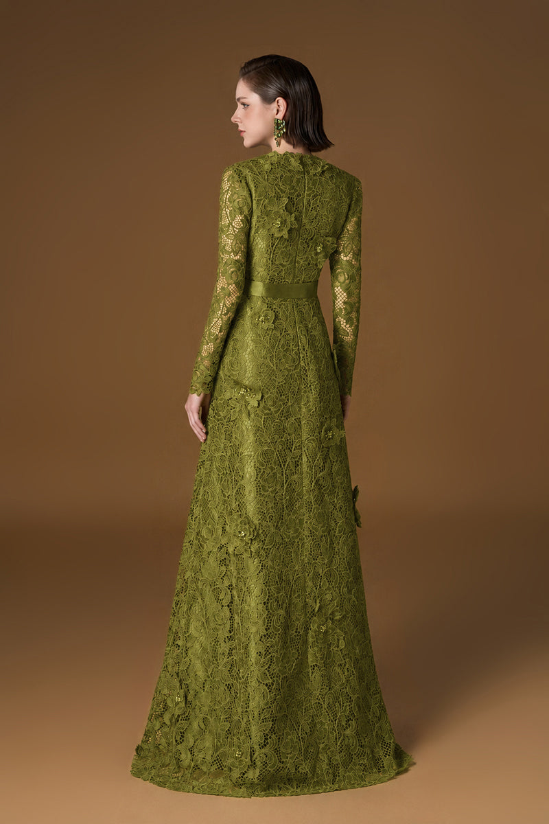 V Neck A-line Gown With Long Sleeves In Olive Guipure Lace