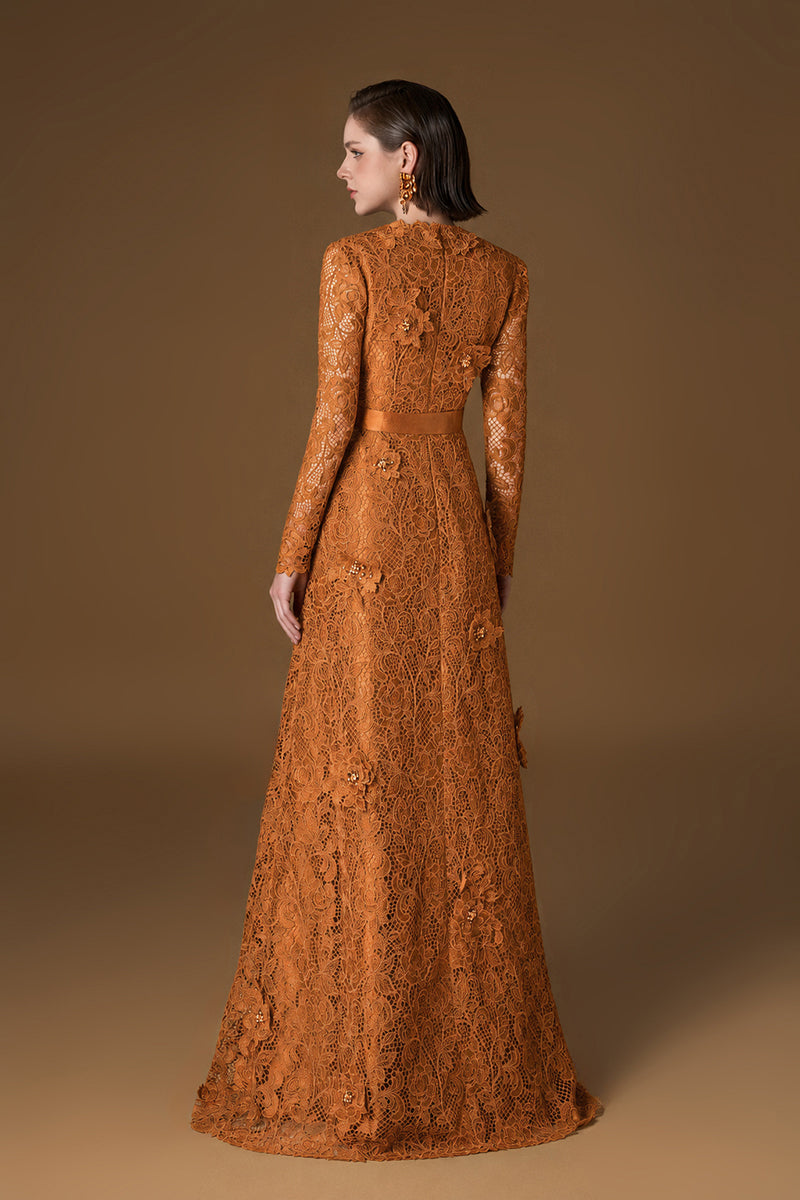 V Neck A-line Gown With Long Sleeves In Orange Guipure Lace
