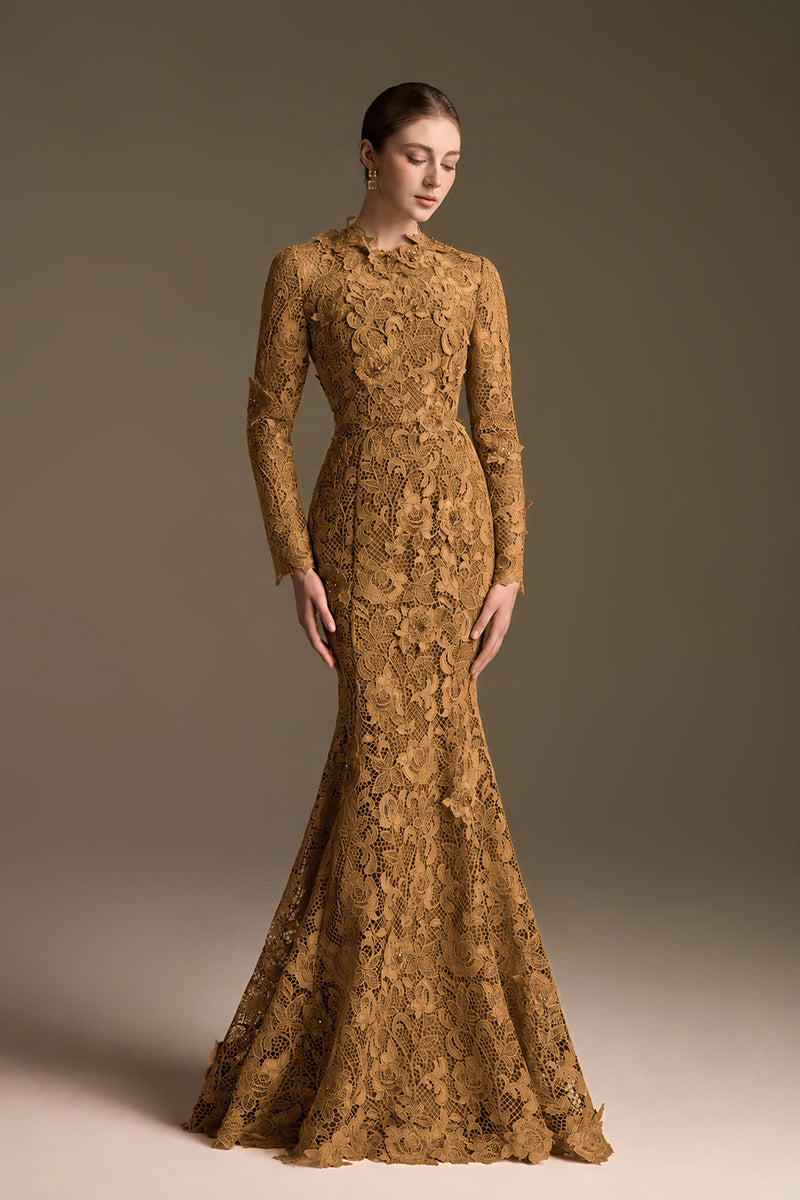 Round Neck Mermaid Gown With Long Sleeves In Gold Guipure Lace