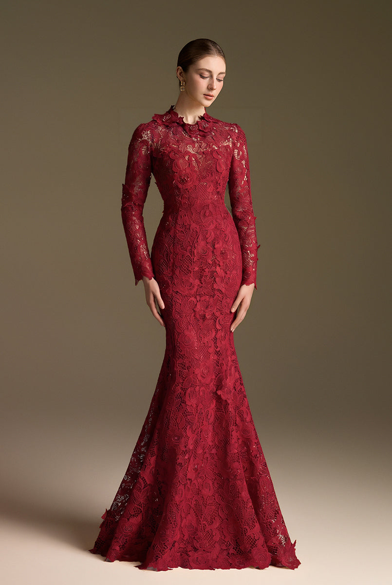 Round Neck Mermaid Gown With Long Sleeves In Red Guipure Lace