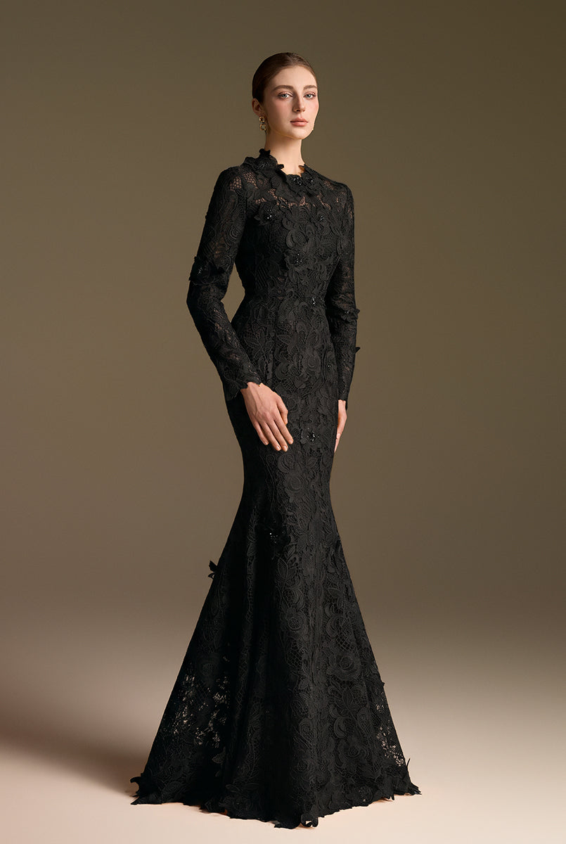 Round Neck Mermaid Gown With Long Sleeves In Black Guipure Lace