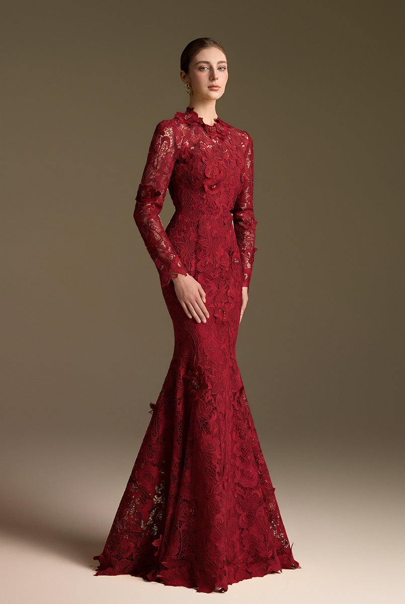 Round Neck Mermaid Gown With Long Sleeves In Red Guipure Lace