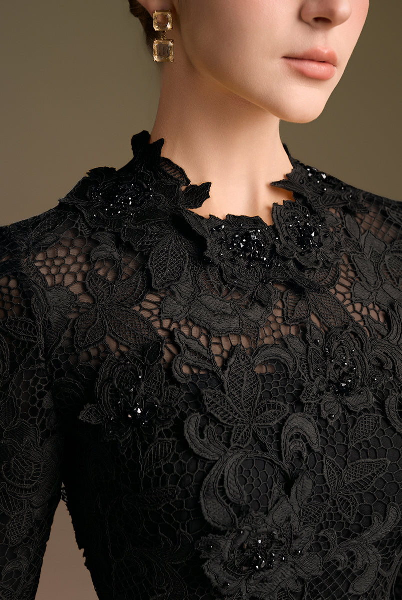 Round Neck Mermaid Gown With Long Sleeves In Black Guipure Lace