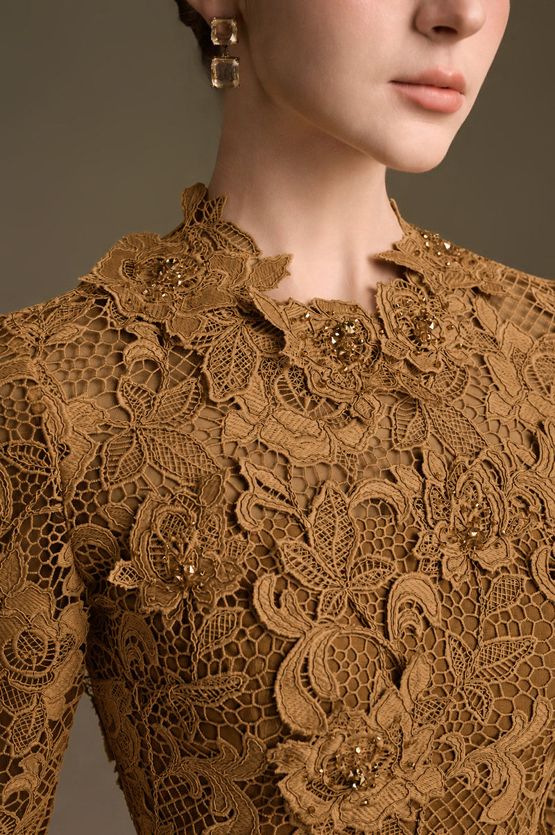 Round Neck Mermaid Gown With Long Sleeves In Gold Guipure Lace