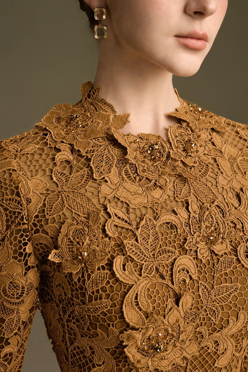 Round Neck Mermaid Gown With Long Sleeves In Gold Guipure Lace
