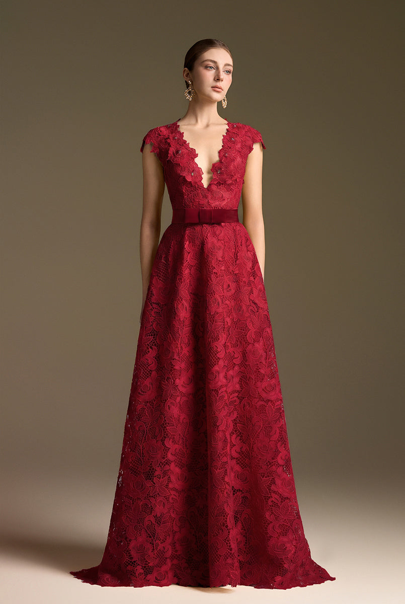 V-Neck Sleeveless A-Line Gown In Red Guipure Lace