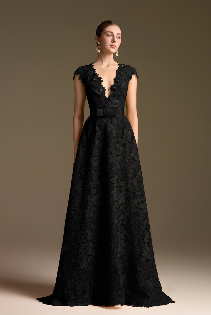 V-Neck Sleeveless A-Line Gown In Black Guipure Lace