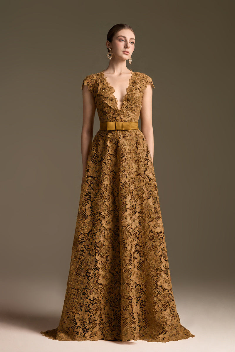 V-Neck Sleeveless A-Line Gown In Dark Gold Guipure Lace