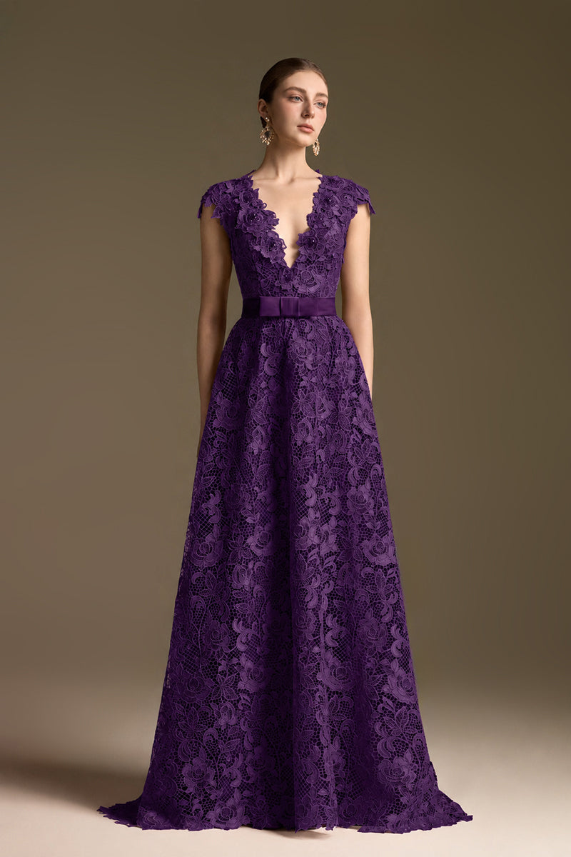V-Neck Sleeveless A-Line Gown In Dark Purple Guipure Lace