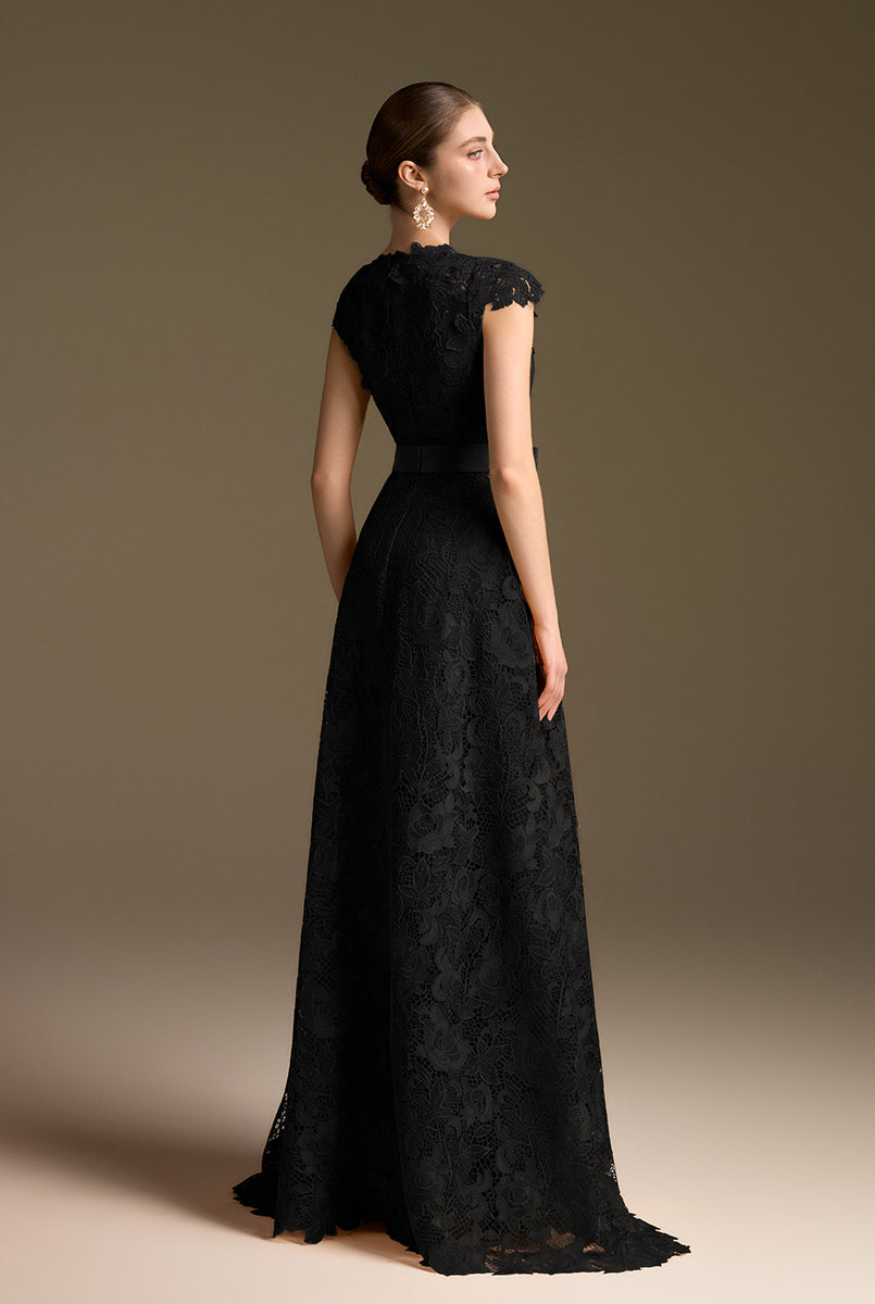 V-Neck Sleeveless A-Line Gown In Black Guipure Lace