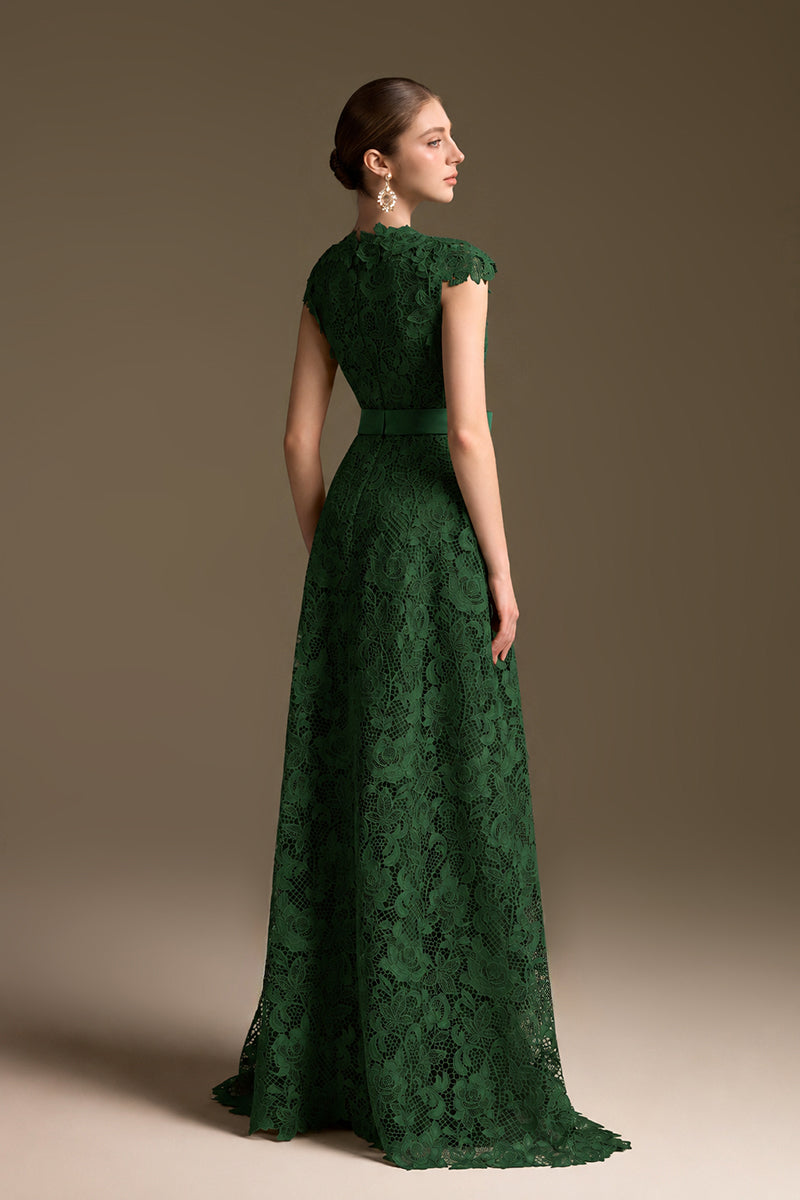V-Neck Sleeveless A-Line Gown In Dark Green Guipure Lace