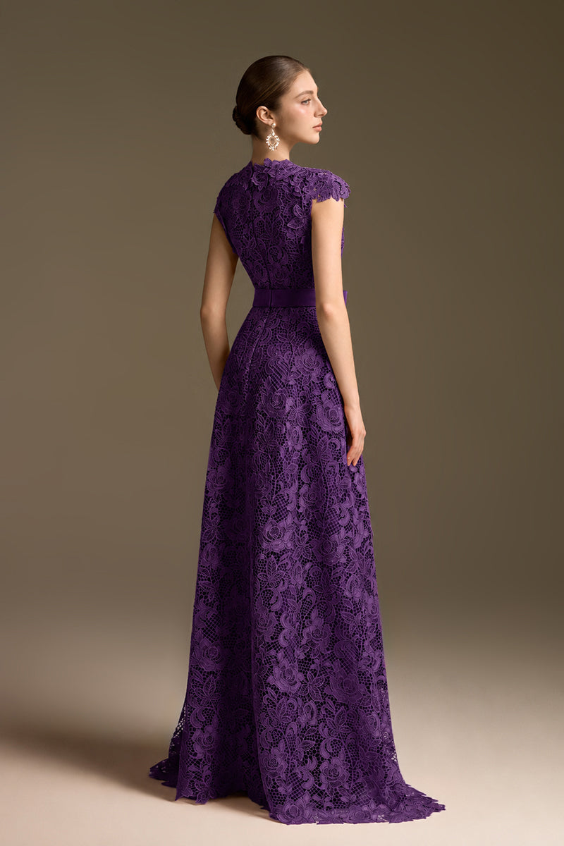 V-Neck Sleeveless A-Line Gown In Dark Purple Guipure Lace