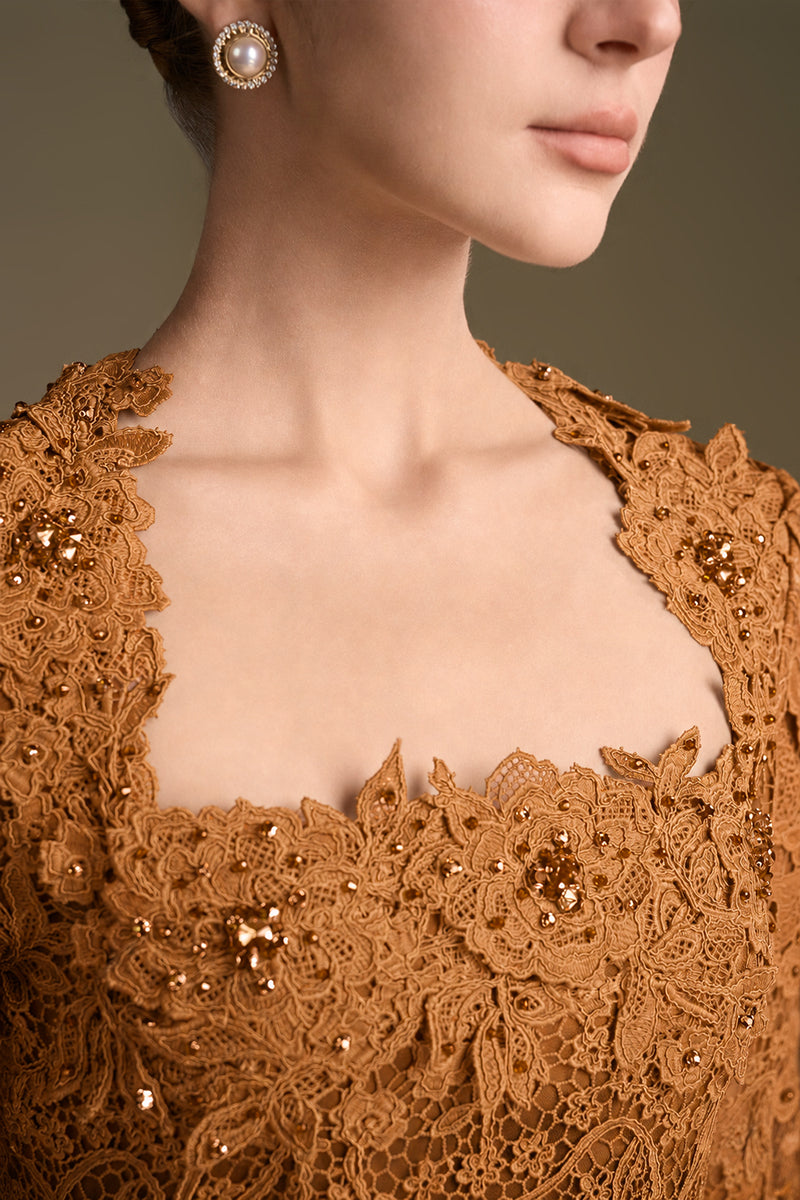 Trapeze Neck Column Gown With Long Sleeves In Guipure Lace