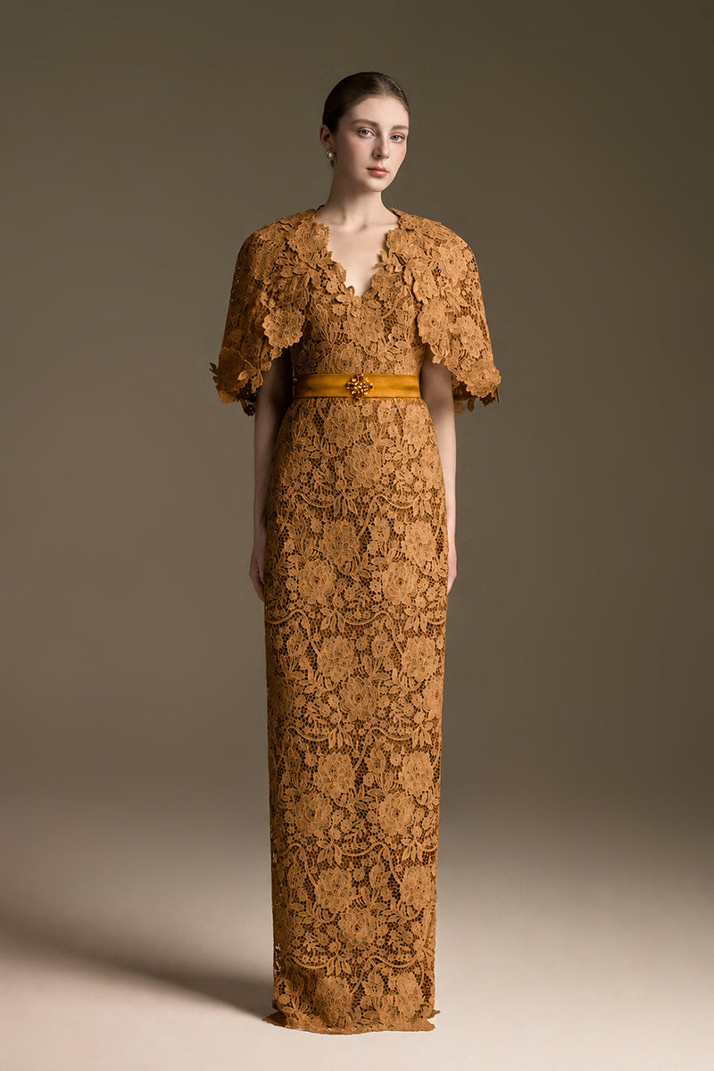V-Neck Column Gown With Mini Cape Sleeves