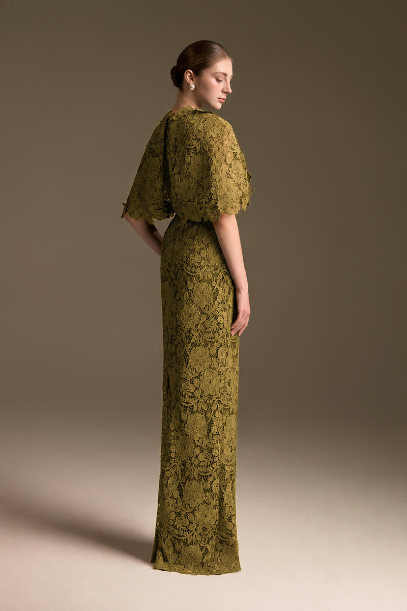 V-Neck Column Gown With Mini Cape Sleeves