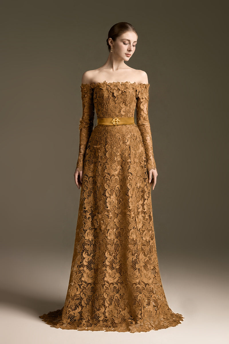 Gold Long Sleeves Off-Shoulder A-Line Gown