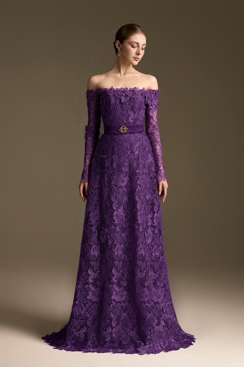 Purple Long Sleeves Off-Shoulder A-Line Gown