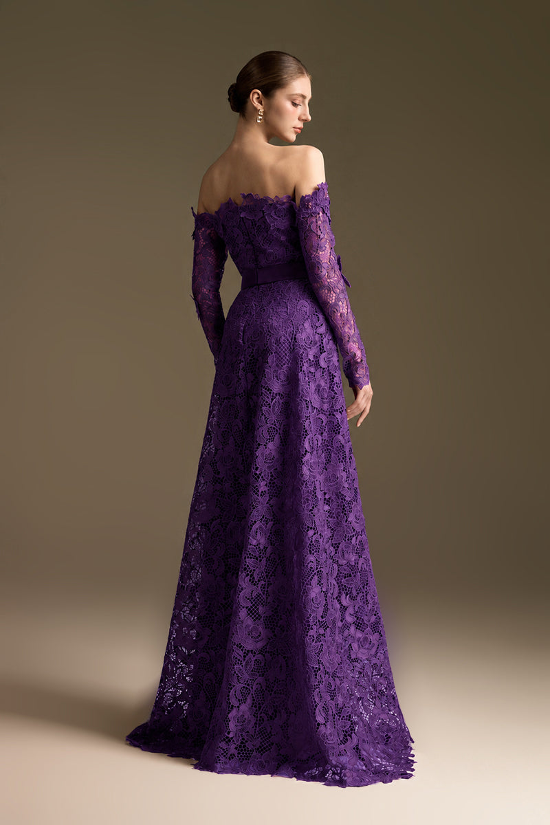 Purple Long Sleeves Off-Shoulder A-Line Gown