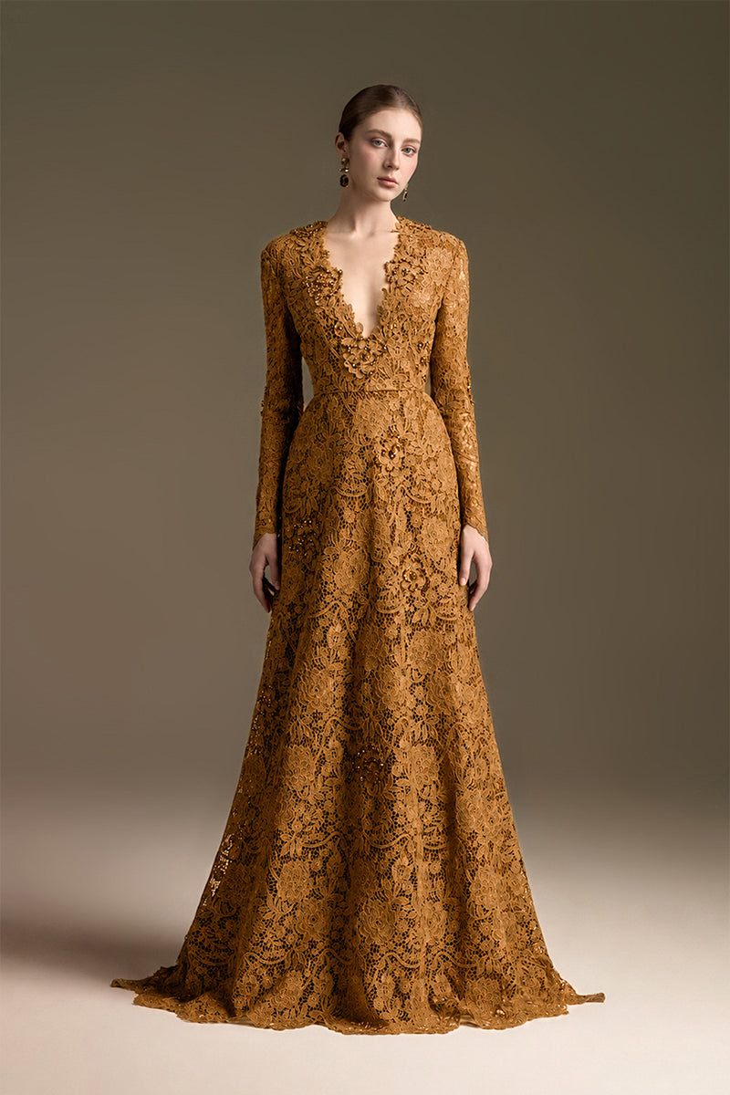 Orange V-Neck A-Line Gown With Long Sleeves