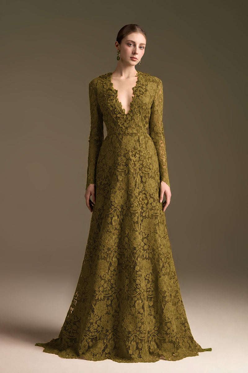 Olive V-Neck A-Line Gown With Long Sleeves
