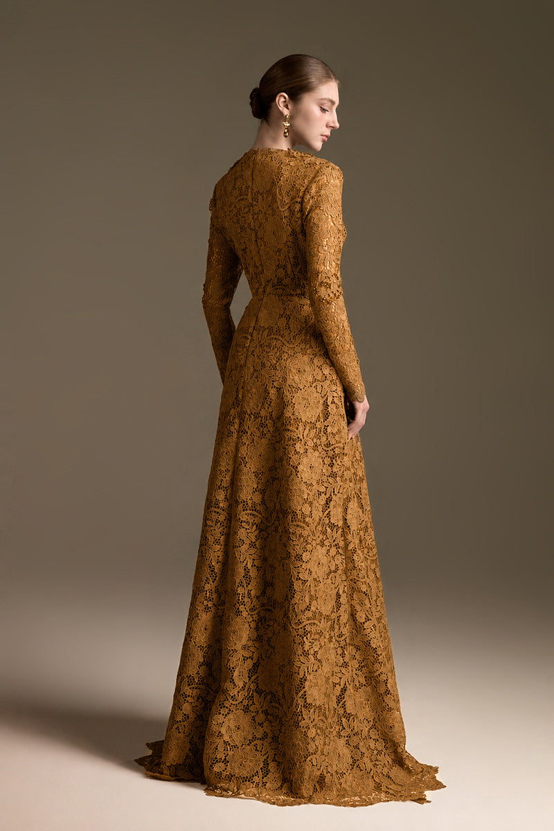 Orange V-Neck A-Line Gown With Long Sleeves