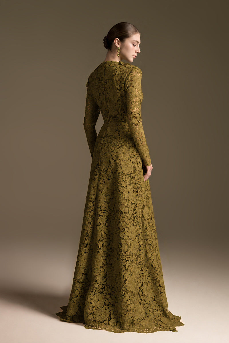 Olive V-Neck A-Line Gown With Long Sleeves
