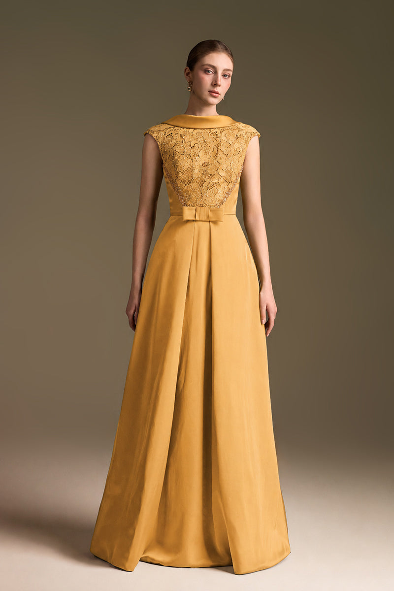 A-Line Dress With De-Constructed Collar In Agate Silk And Guipure Lace