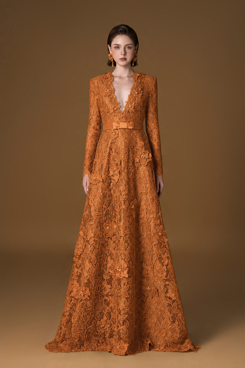 V Neck A-line Gown With Long Sleeves In Orange Guipure Lace
