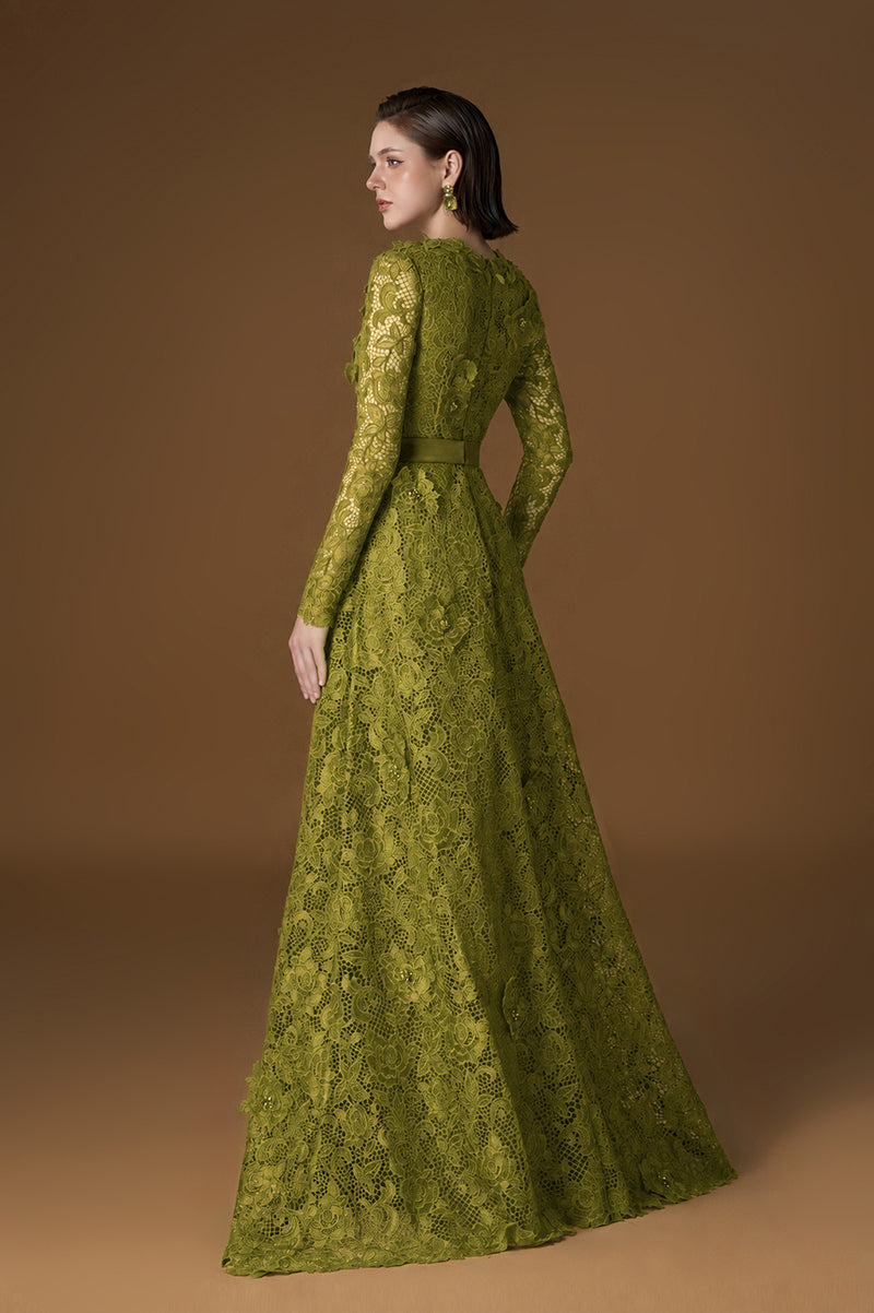 Trapeze Neck A-line Gown With Long Sleeves In Olive Guipure Lace