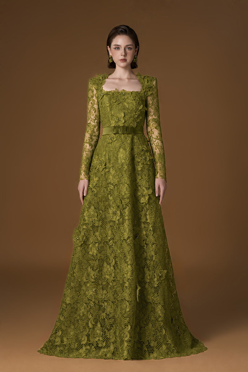 Trapeze Neck A-line Gown With Long Sleeves In Olive Guipure Lace