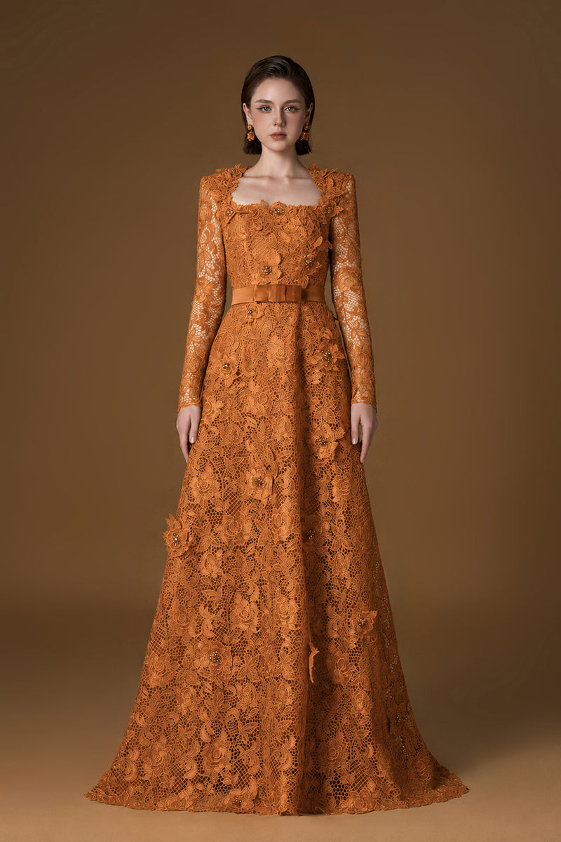 Trapeze Neck A-line Gown With Long Sleeves In Orange Guipure Lace