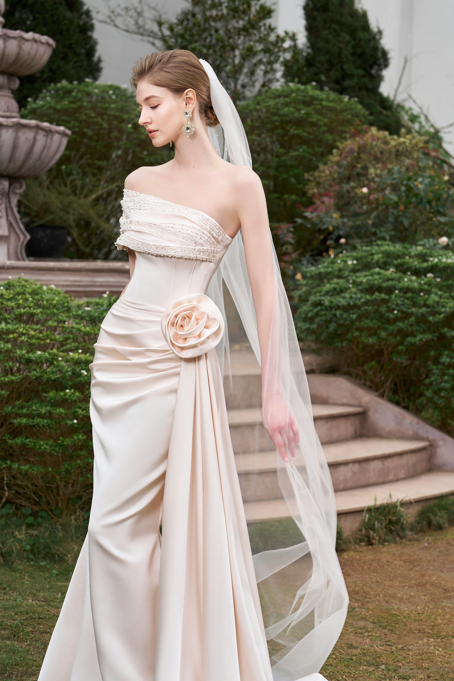 Asymmetrical Shoulder Silk Gown With Drapped Details